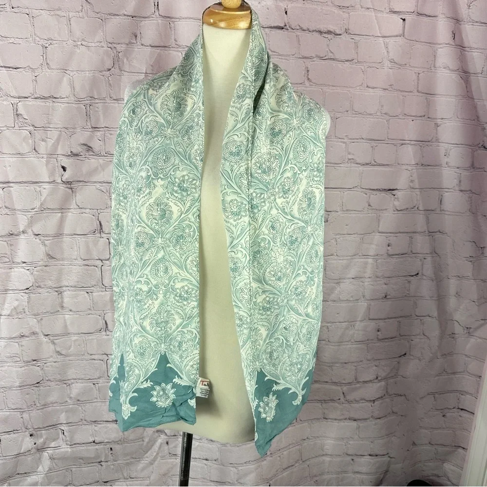 Elegant dusty teal paisley silk rectangle Scarf 10.5x62